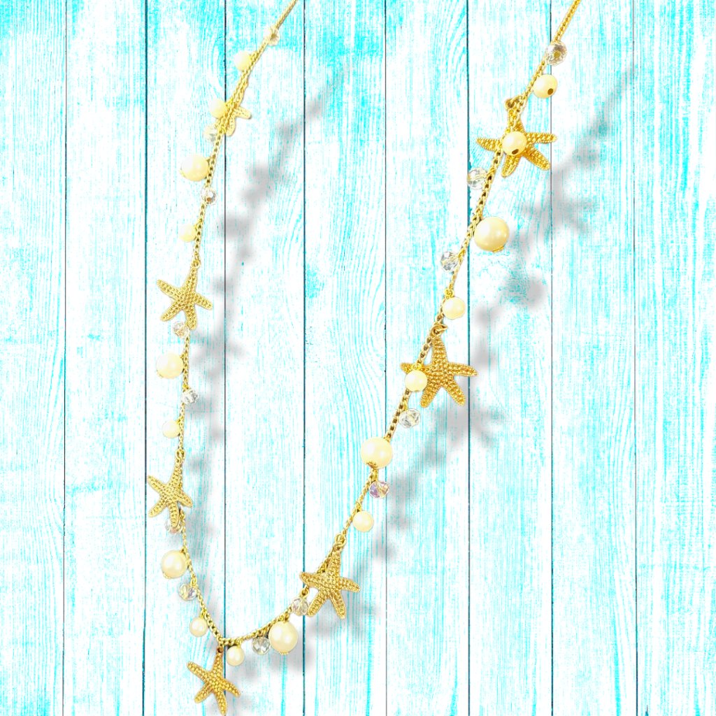Signed C Lariat Necklace Gold Tone Starfish Faux Pearls